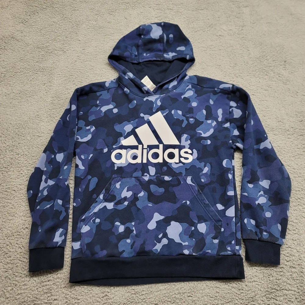 Adidas Hoodie Youth Boys XL 18/20 Blue Camo Casual Outdoors‎ Large Logo Pockets